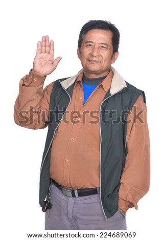 Middle Aged Man doing stop symbol on white background