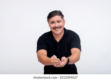 A middle aged man eagerly introducing himself, offering both hands for a handshake. Trying to please, ingratiate and flatter someone. Set against a white background.