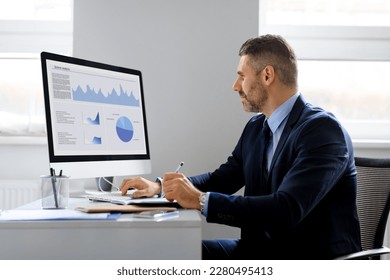 Middle aged man financial analyst thinking on statistical information comparing data in charts graphs, accessing marketing strategy effectiveness, sitting at workplace in office - Powered by Shutterstock