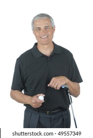 Middle Aged Man With Golf Club And Ball Isolated Over White