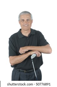 Middle Aged Man With Golf Club Isolated Over White