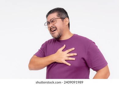 A middle aged man having trouble breathing and wheezing. Having an asthma attack. Isolated on a white background. - Powered by Shutterstock