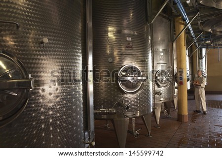Middle aged man inspecting wine vats inside winery