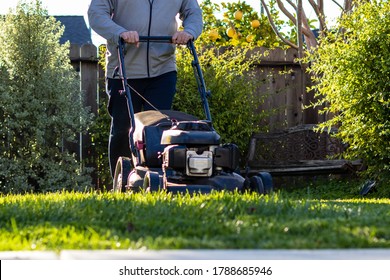 Middle aged man mowing the overgrown grass with a lawn mower on a sunny winter afternoon. San Mateo, California - Shutterstock ID 1788685946