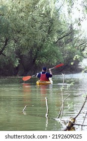 Middle Aged Man Paddle Yellow Kayak Near Green Trees At Spring