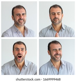 Middle Aged Man Portrait Set With Different Facial Expressions. Happy, Calm, Desperate Man Studio Shot Collage. Multiscreen Montage, Split Screen Collage. Emotions Concept