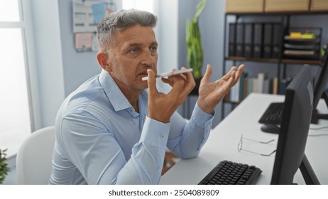 Middle aged man using voice command on smartphone in a modern office, mid-conversation with computer and documents visible in a bright, organized workplace setting. - Powered by Shutterstock