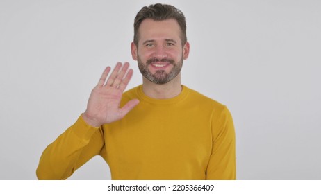 Middle Aged Man Waving, Welcoming, White Background