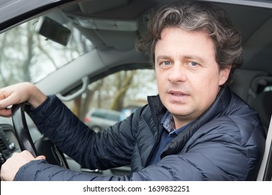 Middle Aged Mature Man Driving Van Car Caucasian Guy Driver Travelling 