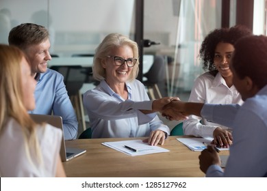 Middle aged woman executive manager company representative welcoming business partner while sitting in modern office boardroom or trainer shake hands with participant before starting education meeting
