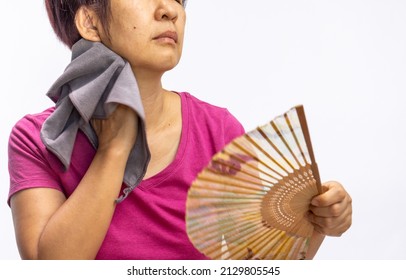 Middle Aged Woman Feel Hot Flashes Or Overheated , Symptoms Of Menopause