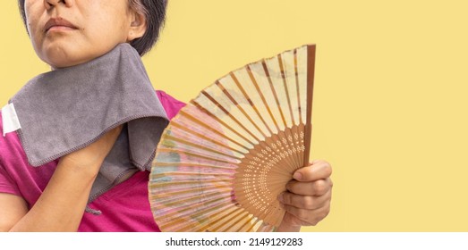 Middle Aged Woman Feel Hot Flashes Or Overheated , Symptoms Of Menopause