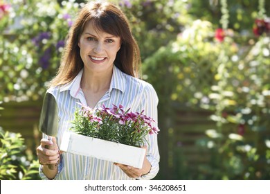 Middle Aged Woman Planting Flowers In Garden