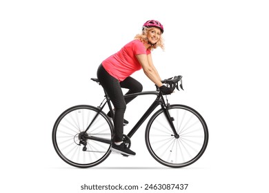 Middle aged woman in sportswear riding a bicycle with a helmet isolated on white background - Powered by Shutterstock