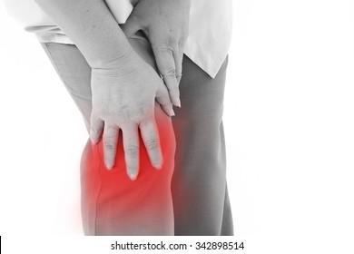 Middle Aged Woman Suffering From Knee Pain, Joint Injury Or Arthritis, Hand Holding Knee