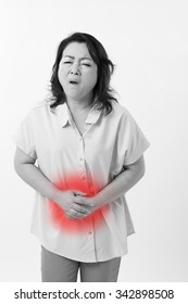 Middle Aged Woman Suffering From Stomach Ache, Belly Pain, Menstruation, Menopause, Indigestion Problem