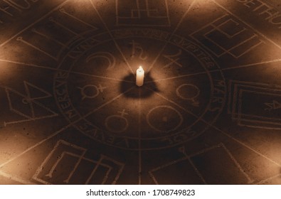 Middle Circle Of The The Seal Of The Seven Archangels. Illuminated With Candles. Scary, Mystical Occultism.