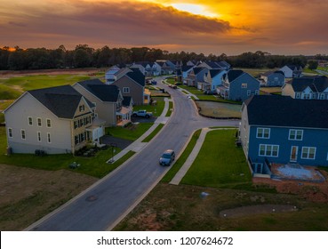 Middle Class Neighborhood Aerial Panorama Of American Single Family Home Real Estate