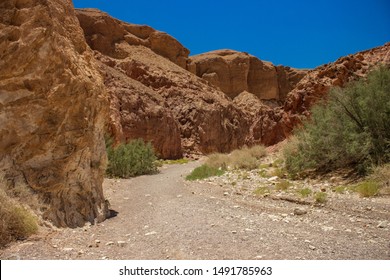 Middle East Canyon Desert Landscape With Empty Ground Trail Path Way Along Sand Stone Rocky Mountains 