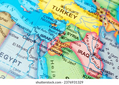 middle east countries Israel, Palestine, Gaza in close up focus.