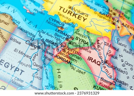 middle east countries Israel, Palestine, Gaza in close up focus.