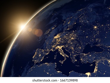 Middle East, Europe And Sun In Satellite Picture, View Of Earth At Night From Space. World Map On Dark Globe At Sunset. Aerial Photo And Planet Theme. Elements Of This Image Furnished By NASA.