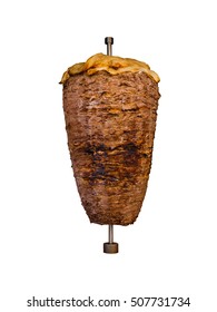 Middle East grilled skewered lamb mutton, traditional meat served in shawarma or kebab sandwich in Mediterranean, Arab countries cooked skewered on spit isolated on white background