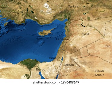Middle East map in global satellite photo, flat view of part of world from space. Detailed map of Syria, Israel, Lebanon and Jordan with countries borders. Elements of image furnished by NASA.