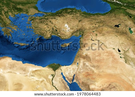 Middle East map in global satellite photo, flat view. Detailed physical map of Turkey, Syria, Israel, Lebanon, Egypt, Jordan. Israel and topography theme. Elements of this image furnished by NASA.