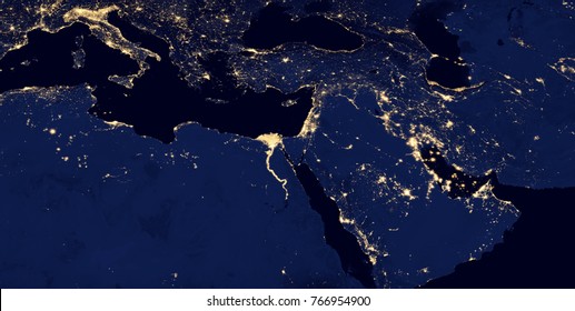 Middle east, west asia, east europe lights during night as it looks like from space. Elements of this image are furnished by NASA. - Shutterstock ID 766954900