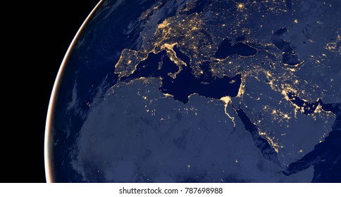 Middle east, west asia, east europe lights during night as it looks like from space. Elements of this image are furnished by NASA.