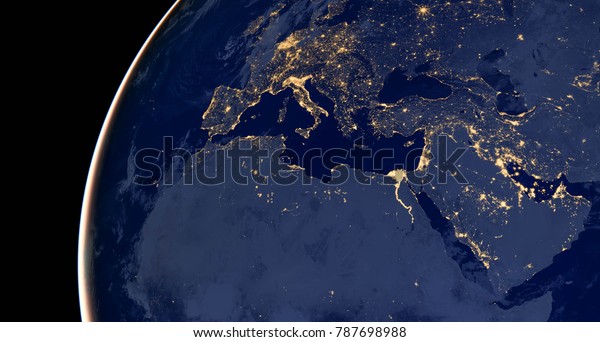 Middle east, west asia, east europe lights during\
night as it looks like from space. Elements of this image are\
furnished by NASA.