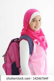 Middle Eastern Arabic Girl Wearing Pink Hijab Scarf On White