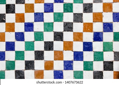 Middle Eastern Decorative Tile Pattern With White, Orange, Blue, Green And Black Square Tiles