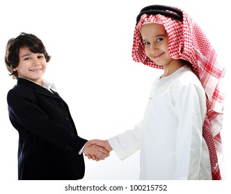 Middle Eastern And European Children Businessmen Teamwork