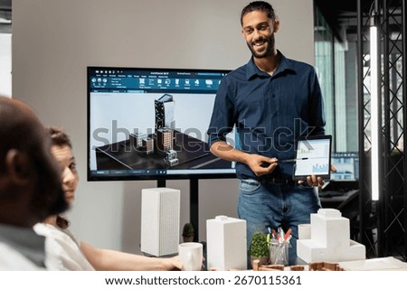 Middle eastern property contractor evaluate a housing construction with architectural software and 3D models to respect zoning regulations and layout rules. Urban development master plan.