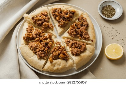 Middle Eastern savory meat flatbread topped with a rich mixture of ground meat, chopped nuts, dried fruit and herbs, with a lemon half, cut into six slices on a white plate on a beige surface.