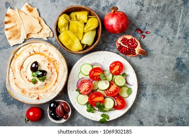 Middle Eastern traditional dinner. Authentic arab cuisine. Meze party food. Top view, flat lay, overhead 