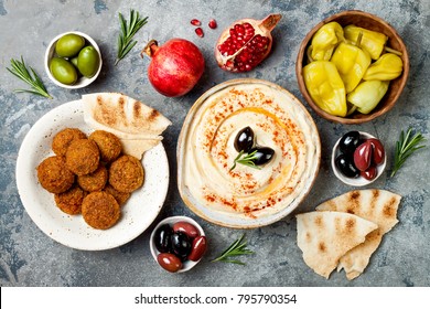 Middle Eastern Traditional Dinner. Authentic Arab Cuisine. Meze Party Food. Top View, Flat Lay, Overhead 