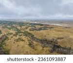 Middle Loupe River meandering in Nebraska Sandhills - aerial view at Nebraska National Forest near Halsey