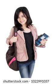 Middle School Asian Female Student Standing Pose Isolated Over White Background