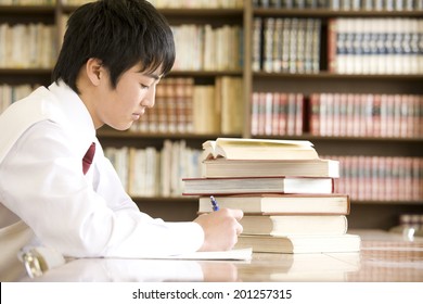 A Middle School Boy Studying In A Library