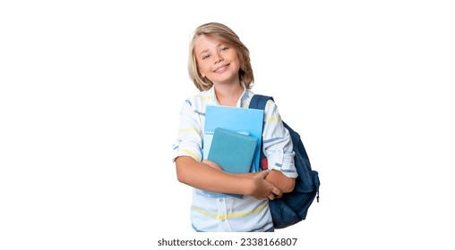 Middle school smiling teen boy girl backpack png isolated white background looking at camera holding books. Copy space for advertising blank  Back to school. Childhood, education, products children