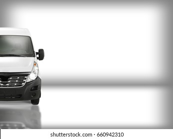 Middle White Van In White Background With Reflection Front View