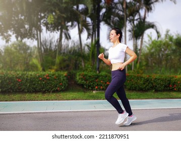 Middle-aged Asian women in tight sportswear or jogging outfits. Jogging in the morning at the park. perfect girl running happily - Powered by Shutterstock