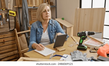 A middle-aged blonde woman ponders over a digital tablet in a cluttered carpentry workshop. - Powered by Shutterstock