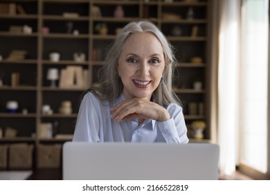 Middle-aged Businesswoman Sit At Desk With Laptop Smile Posing For Camera. Older Generation Use Modern Tech, Workflow In Office, Happy Successful Businesslady Portrait, Achievement, Telework Concept