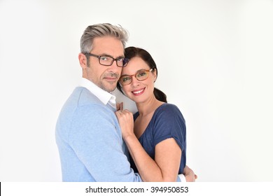 Middle-aged Couple With Eyeglasses On White Background