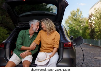 Middle-aged couple sitting in trunk while waiting for charging car before travelling on summer holiday. - Powered by Shutterstock