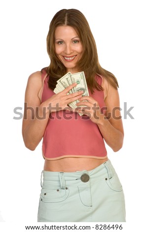 Middle-aged female holding pile of 100 dollar bills